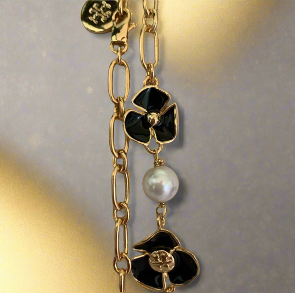 Tory Burch Flowers with Freshwater Pearls Long Necklace Gold & Black