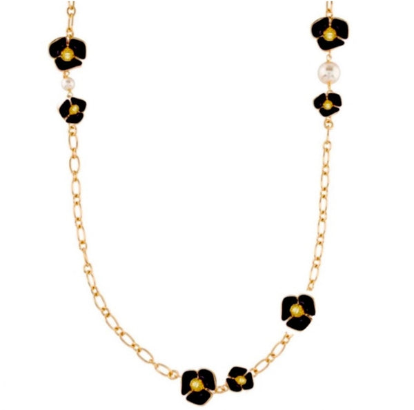 Tory Burch Flowers with Freshwater Pearls Long Necklace Gold & Black