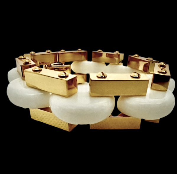 Tory Burch Chunky Bold Statement Polished Gold Chain Bracelet & Ivory Enamel Inlays to