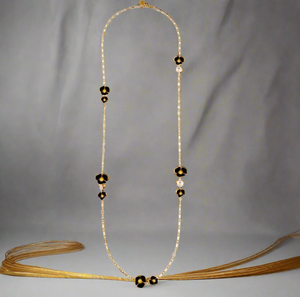 Tory Burch Flowers with Freshwater Pearls Long Necklace Gold & Black