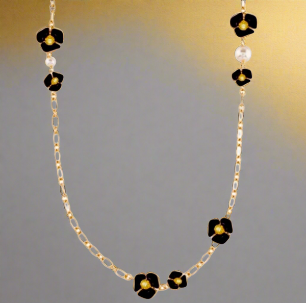 Tory Burch Flowers with Freshwater Pearls Long Necklace Gold & Black