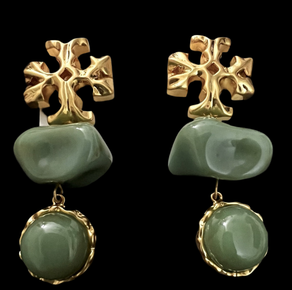 Auténticos pendientes Tory Burch Roxanne de doble gota de latón dorado / azure verde