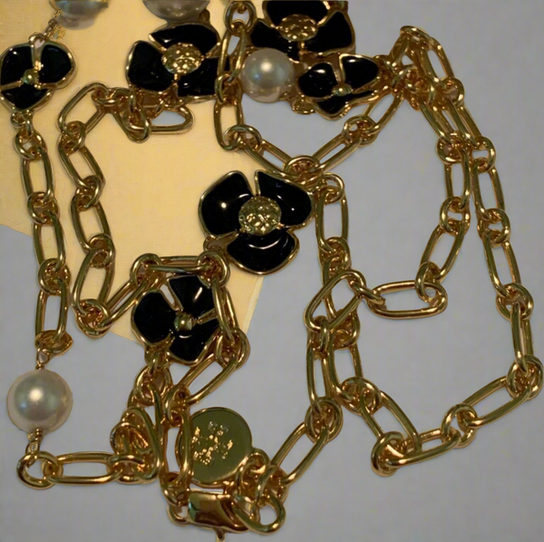 Tory Burch Flowers with Freshwater Pearls Long Necklace Gold & Black
