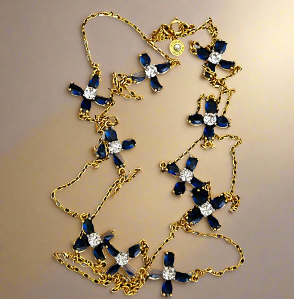 Auténtico collar largo de flores azules de cristal Swarovski de Tory Burch dorado y azul
