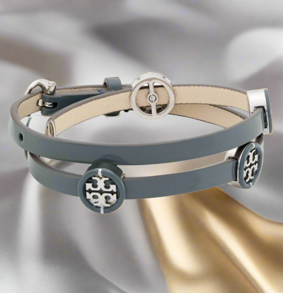 Tory Burch Miller Double Wrap Bracelet Silver Tone Leather & Enamel
