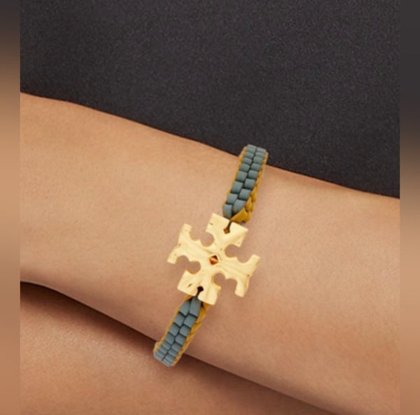 Tory Burch Roxanne Goldtone & Green Yellow Leather Woven Bracelet