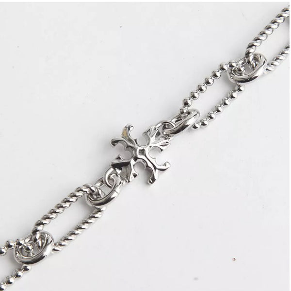 Tory Burch Roxanne Double-T Rope Chain Short Necklace Shiny Silver Plated