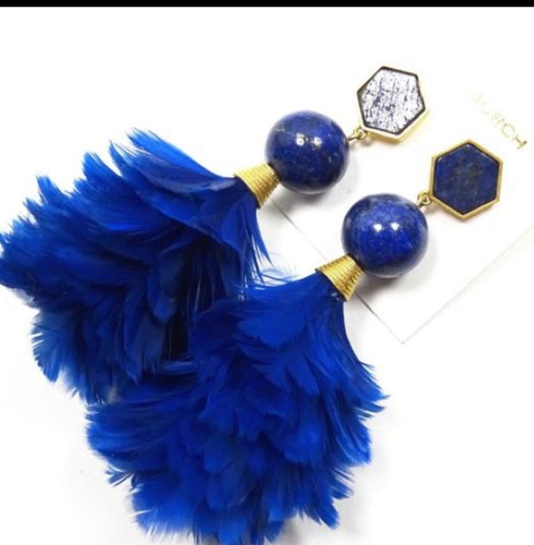 Tory Burch Drop Earrings Gold Plated Lapis Lazul And Feather