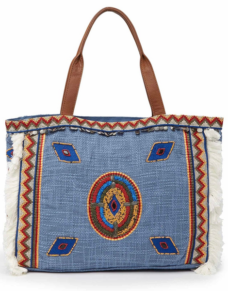 Sam Edelman Bolso tote con ribete de formas geométricas vibrantes de mezclilla con forma geométrica