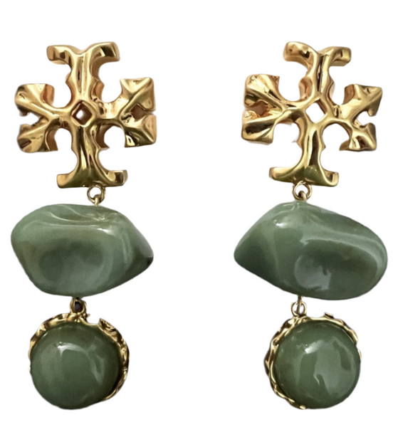 Auténticos pendientes Tory Burch Roxanne de doble gota de latón dorado / azure verde