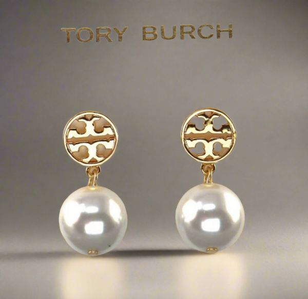 Pendientes colgantes de perlas con logotipo auténtico de Tory Burch