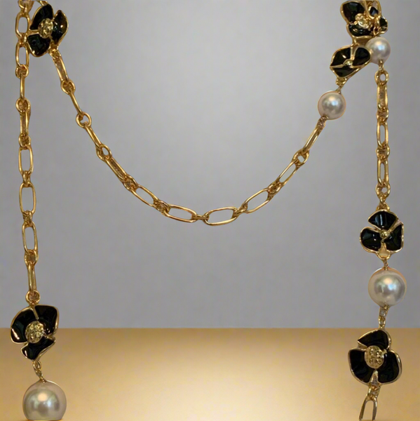 Tory Burch Flowers with Freshwater Pearls Long Necklace Gold & Black