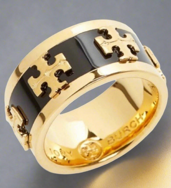 Tory Burch Wide Band Black Enamel With Raised Logo Ring Size 7
