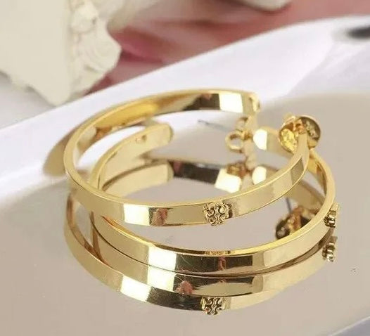 Tory Burch Kira Gold Double T Logo Crest Hoop Earrings