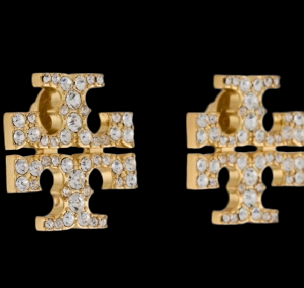Tory Burch Kira Stud Earrings Crystal Pave T Logo Gold