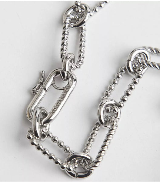 Tory Burch Roxanne Double-T Rope Chain Short Necklace Shiny Silver Plated