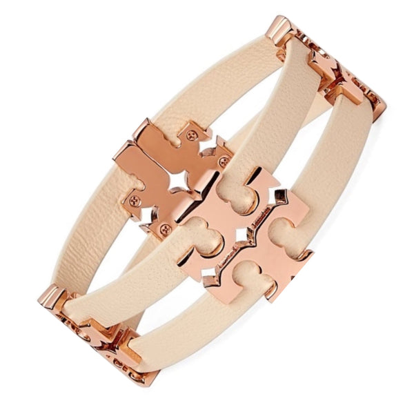 Auténtica pulsera Tory Burch Serif T de cuero apilado en arena/oro rosa