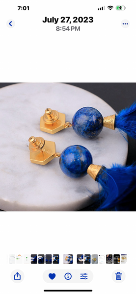Tory Burch Drop Earrings Gold Plated Lapis Lazul And Feather