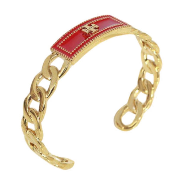 Auténtico brazalete de cadena con logotipo Milgrain de Tory Burch en oro y rojo