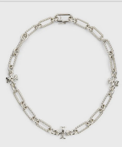 Tory Burch Roxanne Double-T Rope Chain Short Necklace Shiny Silver Plated