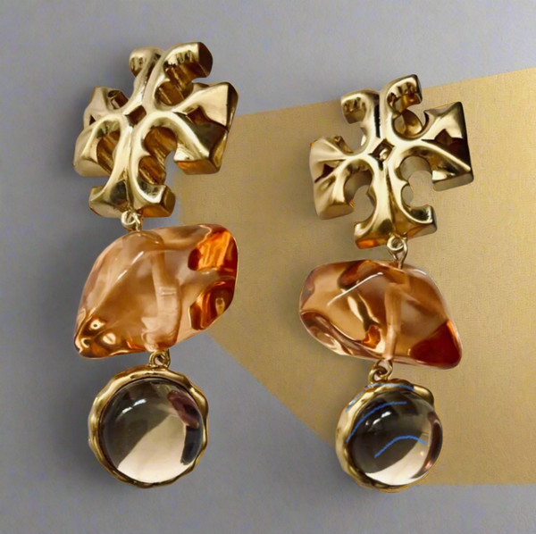 Auténticos pendientes de doble gota de piedra Tory Burch Roxanne Papaya pálida