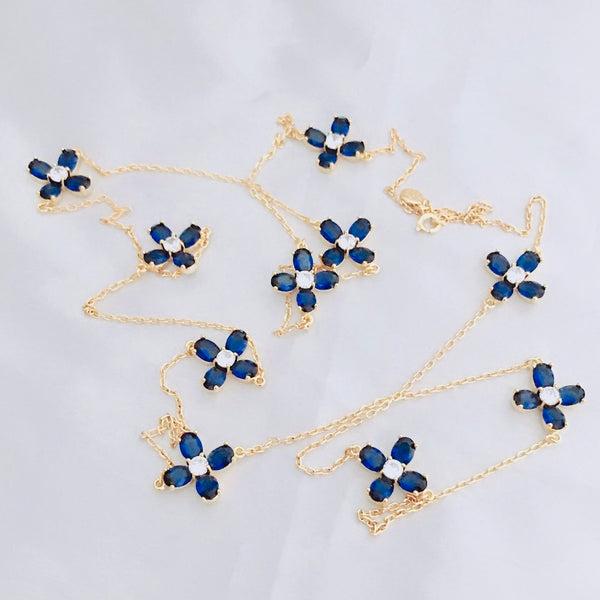 Auténtico collar largo de flores azules de cristal Swarovski de Tory Burch dorado y azul