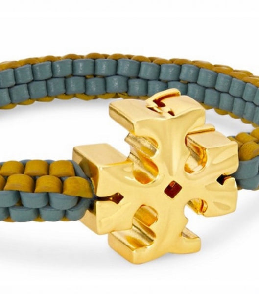 Tory Burch Roxanne Goldtone & Green Yellow Leather Woven Bracelet