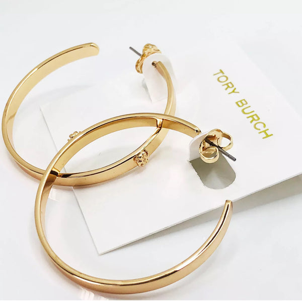 Tory Burch Kira Gold Double T Logo Crest Hoop Earrings