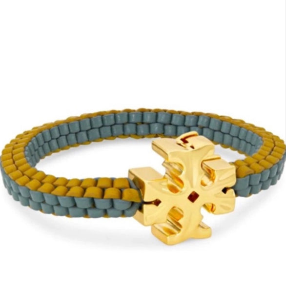 Tory Burch Roxanne Goldtone & Green Yellow Leather Woven Bracelet