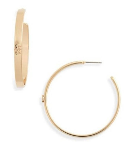 Tory Burch Kira Gold Double T Logo Crest Hoop Earrings