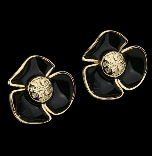 Pendientes auténticos con logotipo de flor de oro negro de Tory Burch