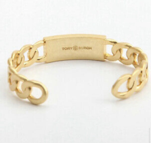 Auténtico brazalete de cadena con logotipo Milgrain de Tory Burch en oro y rojo