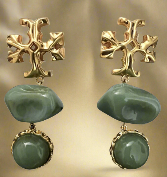 Auténticos pendientes Tory Burch Roxanne de doble gota de latón dorado / azure verde