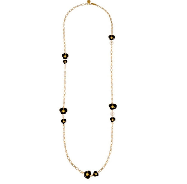 Tory Burch Flowers with Freshwater Pearls Long Necklace Gold & Black