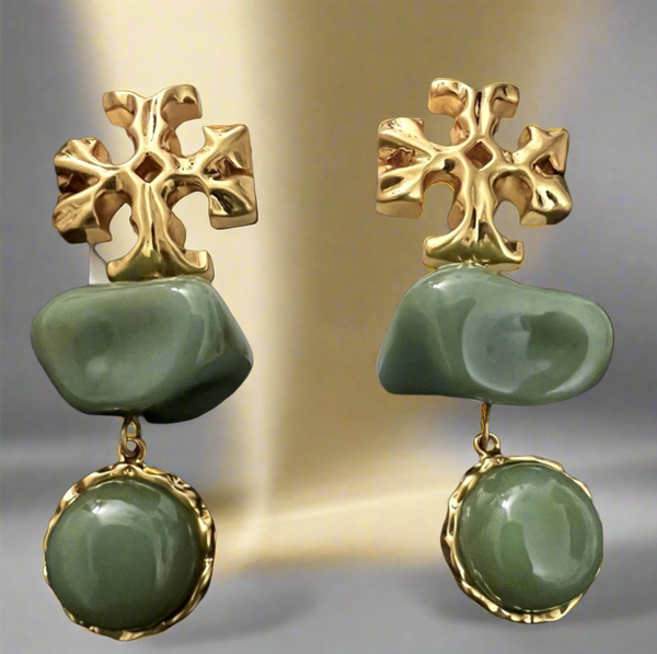 Auténticos pendientes Tory Burch Roxanne de doble gota de latón dorado / azure verde