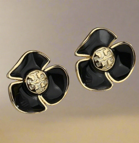 Pendientes auténticos con logotipo de flor de oro negro de Tory Burch