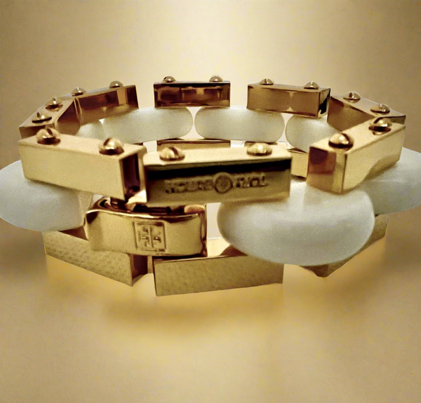 Tory Burch Chunky Bold Statement Polished Gold Chain Bracelet & Ivory Enamel Inlays to