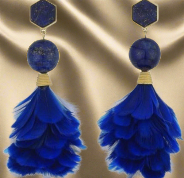 Tory Burch Drop Earrings Gold Plated Lapis Lazul And Feather