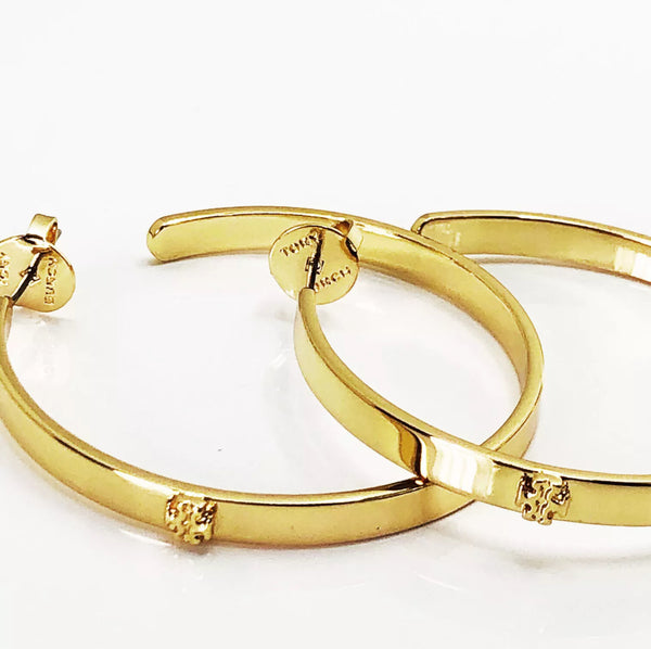 Tory Burch Kira Gold Double T Logo Crest Hoop Earrings