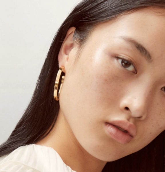 Tory Burch Kira Gold Double T Logo Crest Hoop Earrings