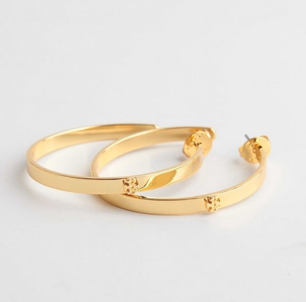 Tory Burch Kira Gold Double T Logo Crest Hoop Earrings
