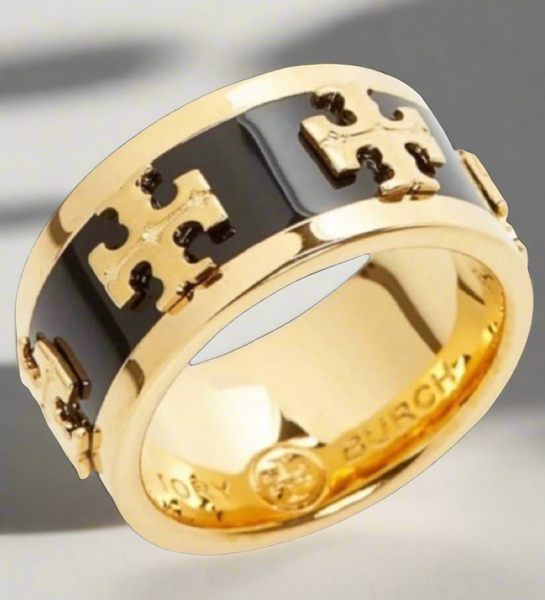 Tory Burch Wide Band Black Enamel With Raised Logo Ring Size 7