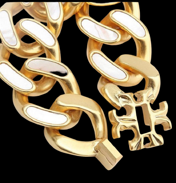 Tory Burch Roxanne Bracelet Chunky Inlay Gold and Mother of Pearl