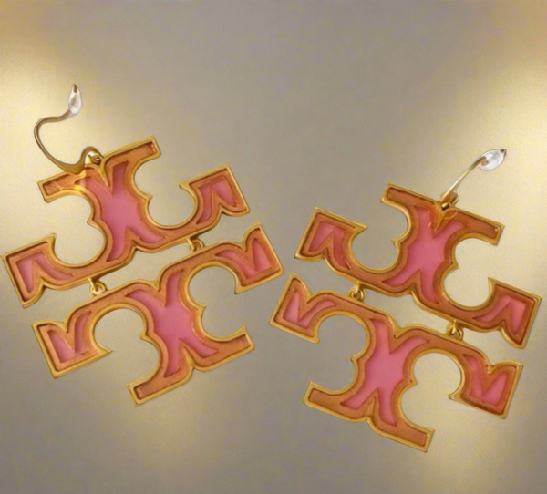 Auténticos pendientes con logotipo de Tory Burch, pendientes colgantes transparentes, oro/rosa