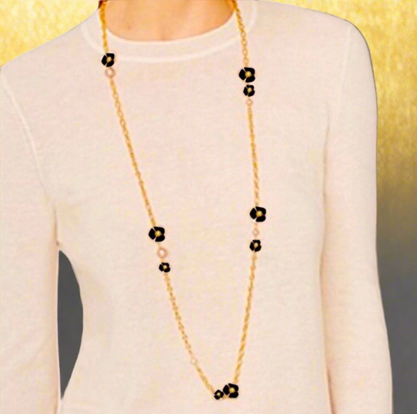 Tory Burch Flowers with Freshwater Pearls Long Necklace Gold & Black