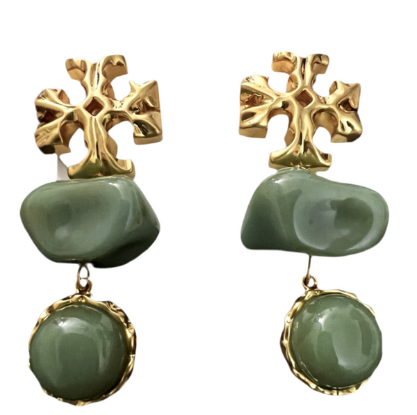 Auténticos pendientes Tory Burch Roxanne de doble gota de latón dorado / azure verde
