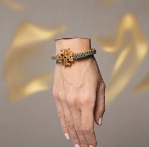 Tory Burch Roxanne Goldtone & Green Yellow Leather Woven Bracelet