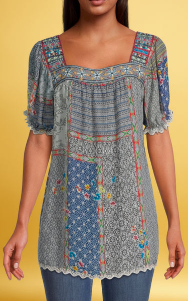 Johnny Was Kichica Padme Blouse in Multicolor Floral Print Tunic Tope Size Large