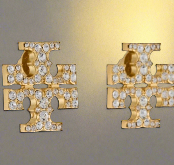 Tory Burch Kira Stud Earrings Crystal Pave T Logo Gold