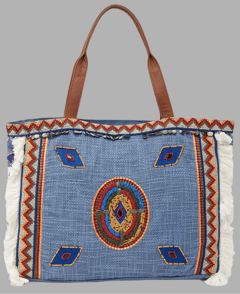 Sam Edelman Bolso tote con ribete de formas geométricas vibrantes de mezclilla con forma geométrica